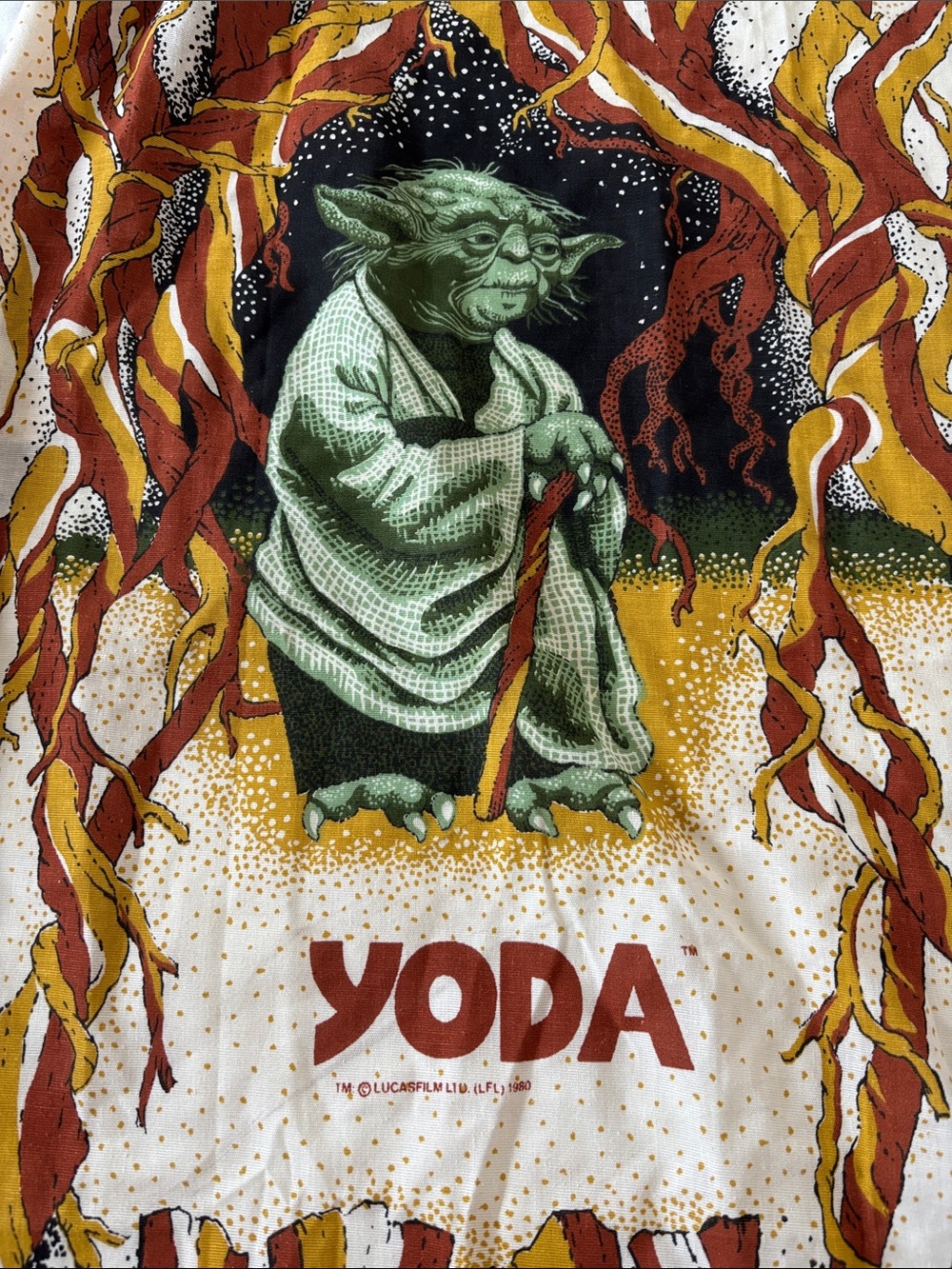 Vintage 1980 Yoda Star Wars curtain panel, cotton blend, brown/tan/green, 28x62”